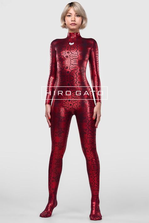 HIRO GATO Snakeskin Catsuit Black Red Shiny Metallic Lycra - Etsy Snake Patterns, Liner Socks, Womens Bodysuit, Catsuit, Snake Skin, Spandex, Black And Red, One Piece, Red