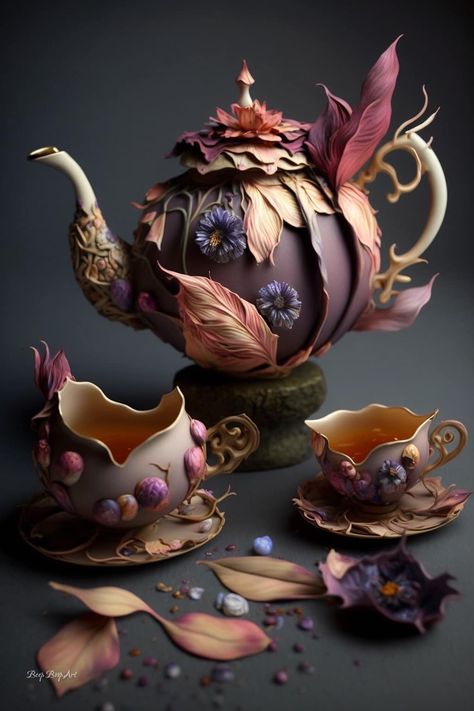 Fantasy Tea Set, Fairy Tea Set, Tea Pot Decorating Ideas, Pretty Tea Set, Fantasy Tea Shop, Tea Pot Aesthetic, Fantasy Teapot, Fancy Tea Set, Fairy Pottery