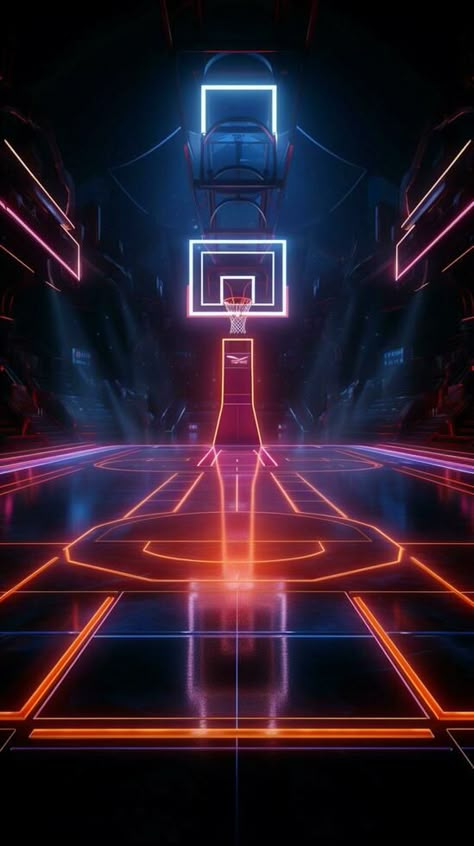 Vivid 3D sports arena Neon lit basketball court showcased from the side Vertical Mobile Wallpaper AI Generated Basketball Court Wallpaper, Basketball Wallpaper Landscape, Basketball Neon Wallpaper, Basketball Court Background, Basketball Background Landscape, Basketball Digital Backgrounds, Neon Basketball, Sunset Basketball Court, Background Basketball