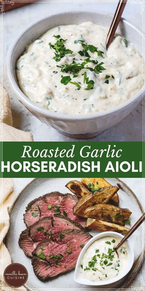 This simple Horseradish Aioli blends creamy mayonnaise, roasted garlic, and zesty horseradish into a flavorful sauce perfect for the holidays. It’s a versatile addition to your festive table, pairing beautifully with seafood, steak, and roasted vegetables. Horseradish Sauce For Steak, Horseradish Aioli, Homemade Horseradish, Horseradish Recipes, Horseradish Sauce, Whipped Feta, Best Gluten Free Recipes, Steak Sauce, Cuisine Recipes