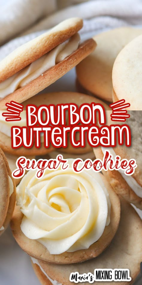 These Bourbon Buttercream Sugar Cookies are so delicious! A sweet sugar cookie recipe comes together with rich bourbon buttercream frosting to create a delicious treat that's loaded with sweet flavors. Bourbon Buttercream Frosting, Boozy Cookie Recipes, Bourbon Dessert Recipes, Bourbon Cookies Recipe, Bourbon Icing, Boozy Cookies, Bourbon Frosting, Cocktail Cookies, Bourbon Buttercream