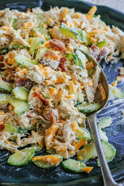 Bacon Ranch Chicken Salad with Cucumber - #chicken #salad #recipe #eatwell101 - A chunky chicken salad made with homemade ranch dressing in less than 10 minutes! If you are a fan of our chicken salad recipes, this one is for you! - #recipe by #eatwell101® Chicken Salad Recipe With Ranch Packet, Crockpot Chicken Salad Recipe, Cucumber Chicken Salad, Bacon Ranch Chicken Salad, Chicken Bacon Ranch Salad, Chicken Cucumber Salad, Ranch Chicken Salad Recipe, Cucumber Chicken, Ranch Chicken Salad