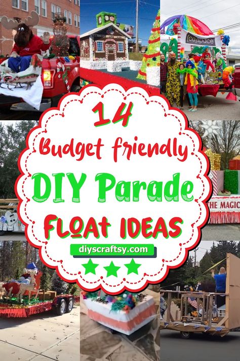 14 Budget friendly DIY Parade Float ideas Farm Floats For Parade, Truck Bed Parade Float, Car Float Parade Ideas, Night Parade Float Ideas, Christmas Movie Floats Parade Ideas, County Fair Parade Float Ideas, Christmas Parade Ideas For Trucks, How To Decorate A Pick Up Truck For Christmas Parade, Candy Cane Lane Parade Float