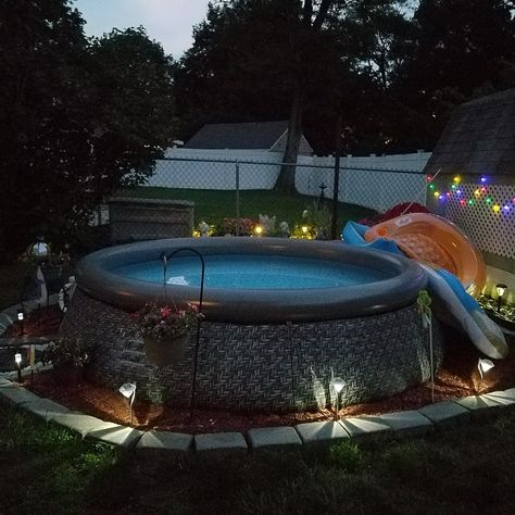 Outdoor Inflatable Pool Ideas, Backyard Blow Up Pool Ideas, Pop Up Pool Ideas Yards, Easy Set Pool Ideas, Inflatable Pool Ideas Backyard Decor, Blow Up Pool Ideas, Landscaping Around Intex Pool, Inflatable Pool Ideas Backyard Movie, Above Ground Pool Bar Ideas