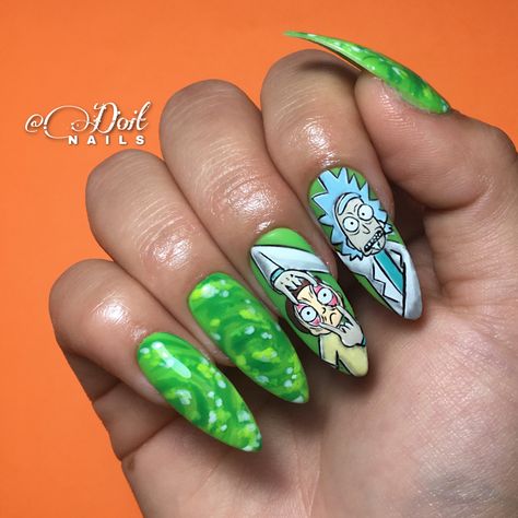 #pressonnails #blackouttuesday #nailart #chile #rickandmorty Rick And Morty Nails Acrylic, Rick And Morty Nails, Nails Short Acrylic, Uñas Ideas, Yellow Nails Design, Cartoon Nails, Nails Acrylic Short, Makeup Nails Designs, Nails Acrylic Coffin