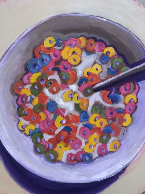 Objects Oil Pastel, Bowl Of Cereal Painting, Bowl Of Cereal Drawing, Abstract Food Painting, Funky Acrylic Painting, Abstract Food Art, Painting Ideas Food, Cereal Painting, Food Painting Ideas