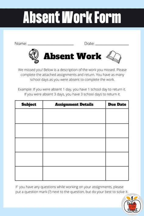 This absent work form is an easy way to get students caught up with missed assignments! If you have more than one student absent - just make copies! Available in my TPT store: Teachr to the Heart with Kama Absent Student Work, Absent Work, Absent Students, Teaching 5th Grade, Teacher Things, Question Mark, Do Your Best, 5th Grades, Student Work