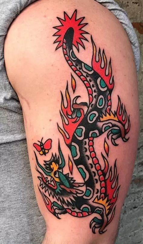 Traditional Tattoo Dragon, Traditional Lighthouse Tattoo, Dragon Tattoo Meaning, Red Dragon Tattoo, American Traditional Tattoos, Traditional Tattoo Old School, Traditional Tattoo Inspiration, Vintage Tattoo Design, Traditional Style Tattoo