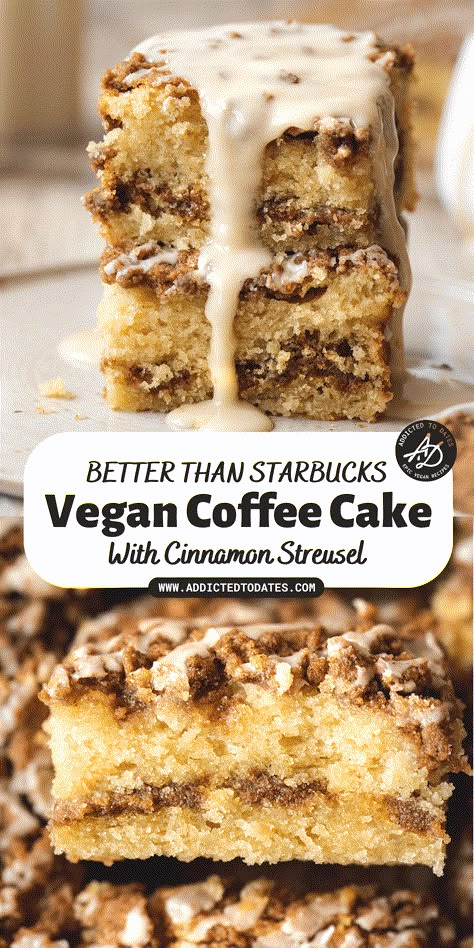 Vegan Coffee Cake - Addicted to Dates Vegan Coffee Cake Recipe, Vegan Coffee Cake, Vegan Crumble, Cake Cinnamon, Starbucks Cake, Vegan Coffee, Vegan Pastries, Vegan Baking Recipes, Vegan Baked