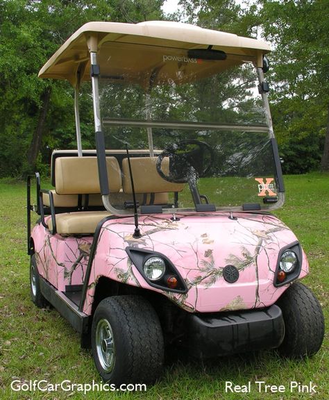 A simple peel and stick application and the color and design make this golf cart skin a favorite for the ladies. #golfcartskins Pink Golf Cart Ideas, Golf Cart Wraps Graphics, Painting A Golf Cart, Golf Cart Wraps, Golf Cart Decals, Custom Golf Carts Ideas, Golf Cart Graphics, Golf Cart Bodies, Golf Diy