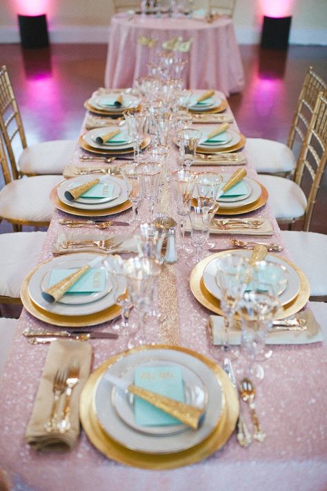 Mint Gold Weddings, Pink Tablecloth, Wedding Mint Green, Sequin Table Runner, Nye Wedding, Sequin Table, New Years Eve Weddings, Surprise Wedding, Mint Wedding