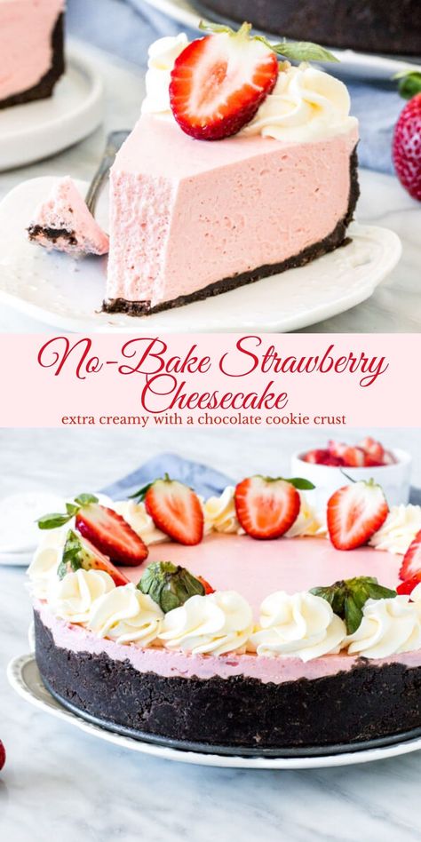 Strawberry Cheesecake No Bake, Dessert Spring, No Bake Strawberry Cheesecake, Cheesecake Strawberry, Cheesecake Oreo, Strawberry Cheesecake Recipe, Strawberry Treats, Spring Recipe, Oreo Cookie Crust