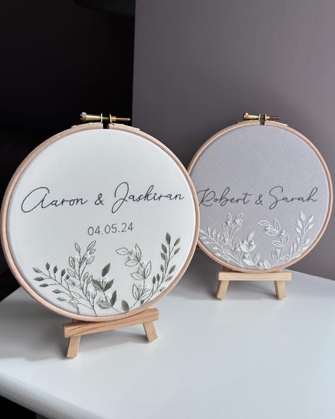 Same design different colours… I love it when I get asked if I can change the colours of a design 🤍 #samebutdifferent #bespokedesign #bespoke #personalisedwedding #weddinggift #weddingembroidery #sarahcuthbertembroidery #handsewn #hoopart #leafart #leaves #beading #embroideryart #mr&mrs #weddinginspiration #weddinginspo #giftideas #giftinspo #wedding2024 Embroider Wedding Gift, Embroidery Wedding Gifts, Embroidered Wedding Gifts, Wedding Embroidery Hoop, Memory Wedding, Aniversary Gifts, Couple Name, Joy Gifts, Embroidery Wedding