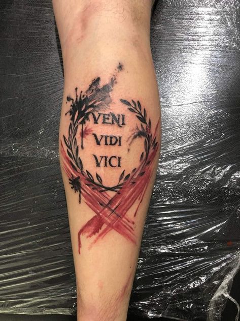 Veni Vidi Vici Tattoo. Veni Video Vici Tattoo, Vini Vidi Vici Tattoo Men, Black And Red Tattoo Men, Veni Vidi Vici Tattoo Design, Calves Tattoo Men, Vini Vidi Vici Tattoo, Vini Vidi Vici, Calves Tattoo, Veni Vidi Vici Tattoo