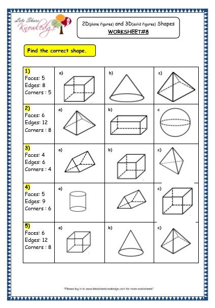 Grade 3 Maths Worksheets: (14.3 Geometry: 2D (plane figures) and 3D (solid figures) Shapes) 2d And 3d Shapes Activities 3rd Grade, Solid Figures Worksheet, Grade 3 Geometry Worksheets, Solid Shapes Activities, Solid Figures 3d Shapes, Grade 3 Maths Worksheets, Trigonometry Worksheets, 9th Grade Math, 3d Shapes Worksheets