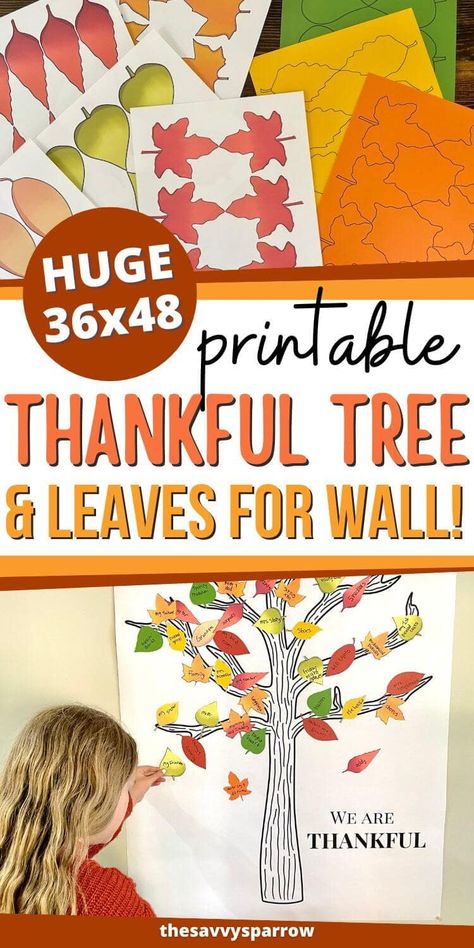 Want to start the Thankful tree tradition this Thanksgiving? Practice gratitude with this fun family Thanksgiving tradition! Just print the printable Thankful Tree template and the Fall leaf templates, cut out the leaves, and write down what you're grateful for on each leaf. Thankful Tree for the wall prints as a 36" x 48" architectural print at print stores for about $10! Thankful Tree Leaves Printable, Thankful Wall Classroom, I’m Thankful For Craft, Preschool Thankful Tree, Thanksgiving Tree Decorations Diy, Thankful Tree Craft For Kids, Gratitude Tree For Kids, Thankful Leaves Printable, Gratitude Tree Ideas