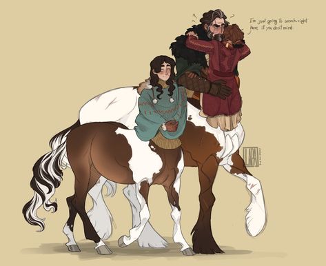 Disabled Centaur Art, Centaur And Human Couple, Centaur Clothing Design, Mythical Humanoid Creatures, Human Animal Hybrid Character Design, Pegasus Centaur, Centaur Clothes, Centaur Poses Reference, Cow Centaur