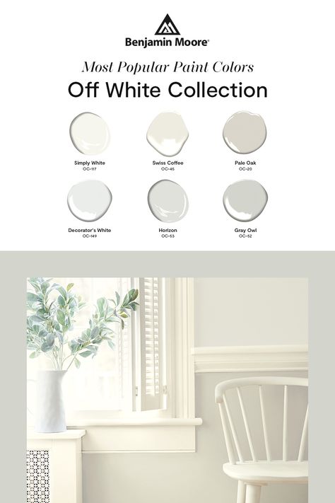 Need a starting point for choosing a white paint color? Try one of the favorites from our Off White Collection. From designer favorite Decorator's White OC-149 to subtly shaded Gray Owl OC-52, and even a former Color of the Year in Simply White OC-117, this is the perfect way to familiarize yourself with some of our most popular colors. Popular Off White Paint Colors, White Wisp Benjamin Moore, Benjamin Moore White Paint Colors, Off White Collection, Owl Oc, Paper White Benjamin Moore, Benjamin Moore Simply White, Neutral Interior Paint Colors, Decorators White Benjamin Moore