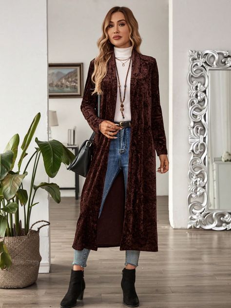 Women's Elegant Long Sleeve Maxi Open Front Cardigan For Formal Occasions Brown Casual  Long Sleeve Knitted Fabric Plain Other Non-Stretch  Women Clothing, size features are:Bust: ,Length: ,Sleeve Length: Long Robe Outfit, Gothic Office, Witchy Outfits, Air Port Outfit, Winter Mode Outfits, Gilet Long, Maxi Cardigan, Disco Outfit, Autumn Outfits