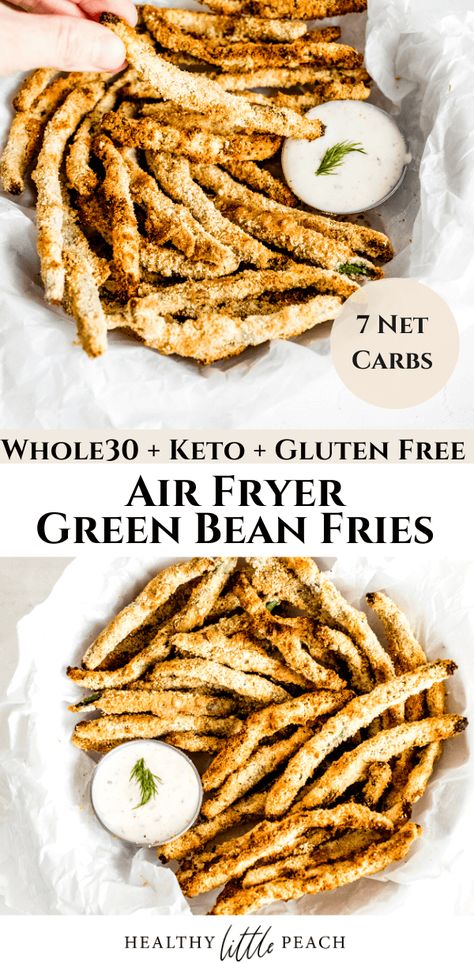 Air Fryer Green Bean Fries (Keto + Whole30) - Healthy Little Peach Whole 30 Green Bean Recipes, Whole30 Air Fryer Recipes, Aip Air Fryer Recipe, Keto Air Fryer Green Beans, Aip Air Fryer, Whole 30 Fries, Paleo Air Fryer Recipes, Healthy Green Bean Fries, Keto Fried Green Beans