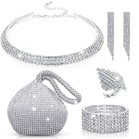 Hicarer 5 Pcs Women Crystal Jewelry Set Wedding Triangle Bling Evening Clutch Bag Glitter Rhinestone Stretch Choker Necklace Bracelet Ring Dangle Fringe Earrings for Bride and Bridesmaids Rhinestone Jewelry Set, Bling Bags, Crystal Jewelry Sets, Bling Wedding, Rhinestone Bracelet, Rhinestone Jewelry, Evening Clutch Bag, Evening Clutch, Wedding Jewelry Sets