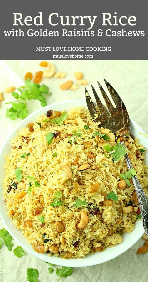 Red Curry Rice with Raisins and Cashews is an easy meal that packs a flavor punch and is ready in minutes Red Curry Rice, Rice With Raisins, Cashew Rice, Tropical Rice, Recipes Noodles, Cashew Recipes, White Bean Soup Recipes, Rice Side Dish Recipes, Recipes Rice