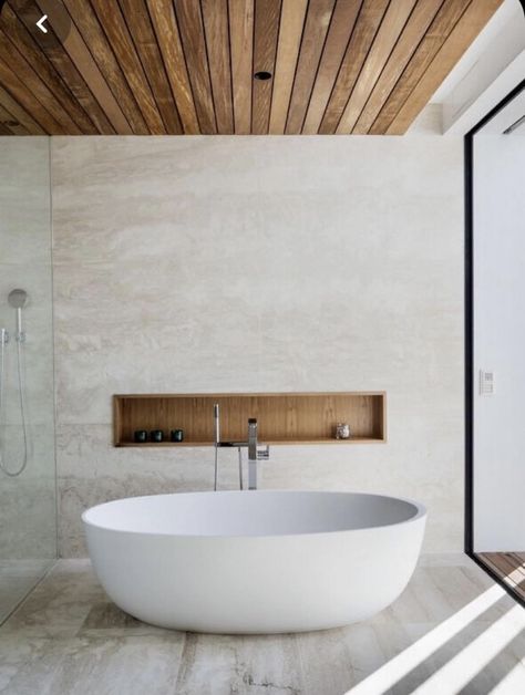 Wood Slat Ceiling, Beautiful Bathtubs, Open Bathroom, Stand Alone Tub, Modern Bathtub, Bungalow Renovation, Bath Tub, Bath Remodel, Free Standing Tub