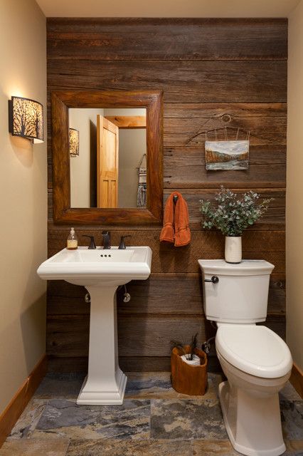 Rustic Powder Room Ideas, Country Bathrooms, Farmhouse Powder Room, Rustic Powder Room, Barn Bathroom, Ranch Kitchen Remodel, Wooden Accent Wall, Half Bath Remodel, Bathroom Accent Wall