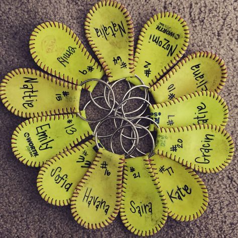 Team gifts. Key chains made from old softballs. Softball Craft Ideas, Softball Crafts For Team Diy, Softball Poems, Softball Nationals Gift Ideas, 8th Grade Night Softball Ideas, 8th Grade Softball Night Gifts, Softball Crafts For Team, Softball Senior Gifts, Senior Softball Night