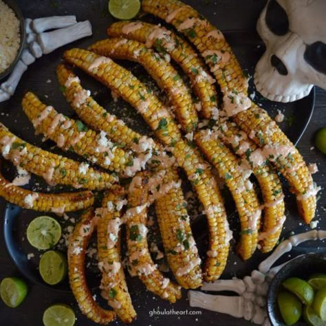 Corn Ribs Halloween, Upscale Halloween Party Food, Halloween Party Mexican Food, Halloween Taco Bar Party, Vampire Food Ideas Dinner Parties, Gourmet Halloween Food, Halloween Food And Decorations, Halloween Dinner Party Ideas For Adults, Creepy Dinner Ideas