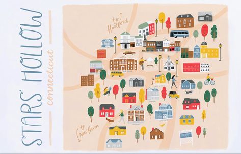 Stars Hollow Poster, Stars Hallow Map, Stars Hollow Books, Towns Like Stars Hollow, Stars Hollow Map, Stars Hollow Connecticut, Leslie And Ben, Broadway Nyc, Hometown Map Art