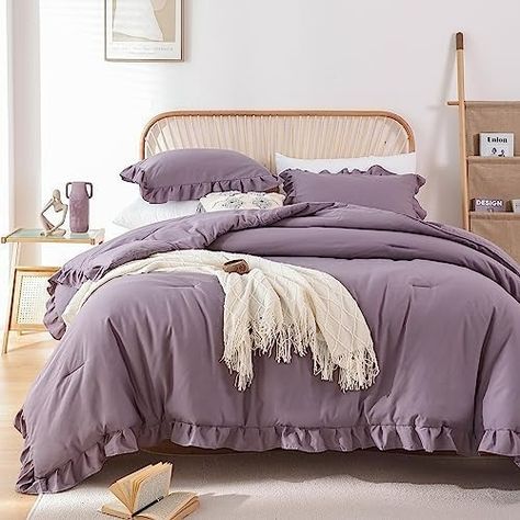 Amazon.com: Masaca Ruffle Comforter Queen Size,Farmhouse Shabby Boho Chic Queen Bedding Comforter Set,3pcs Ultra Soft Fluffy Grayish Purple Comforter Sets for Queen Bed with 2 Ruffled Pillowcases : Home & Kitchen Purple Bed Set, Tulane Dorm, Purple Comforter Set, Purple Bed, Ruffle Comforter, Purple Comforter, Fluffy Bed, Queen Size Comforter Sets, Farmhouse Bed