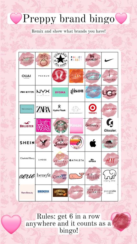 Preppy bingo! Preppy Apps, Preppy Games, Preppy Bingo, Preppy Brands, Bingo Template, Ivory Ella, Bingo Board, Burts Bees, Brand You