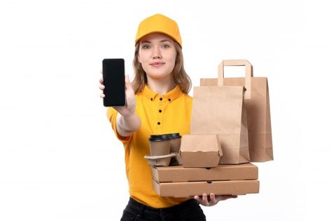 A front view young female courier female... | Free Photo #Freepik #freephoto #food #coffee #phone #delivery Food Delivery Packaging, Holding Coffee, Food Delivery Service, Stylish Men Wear, Food Graphic Design, Gold Apple, Food Poster Design, Brunette Woman, Black Gloves