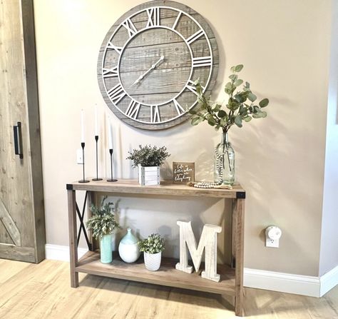 Clock Ideas For Living Room, Entry Way Table Decor Farmhouse Style, Farmhouse Sofa Table Decor, Entry Way Decoration Ideas, Styling A Sofa Table, Buffet Table Ideas Decor Dining Rooms, Living Room Clock Ideas, How To Decorate Console Table, Farmhouse Entry Table Decor