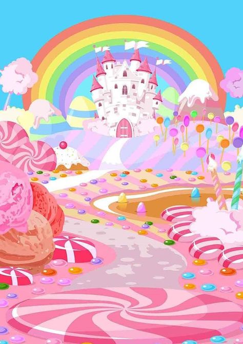 Candyland rainbow castle birthday party backdrop. Cute and magical background decoration for photo booth, cake table etc. afflink Candy Background, Candy Castle, Castle Backdrop, Castle Background, Pink Castle, Candyland Birthday, Candy Theme, Candy Land Theme, Blue Candy