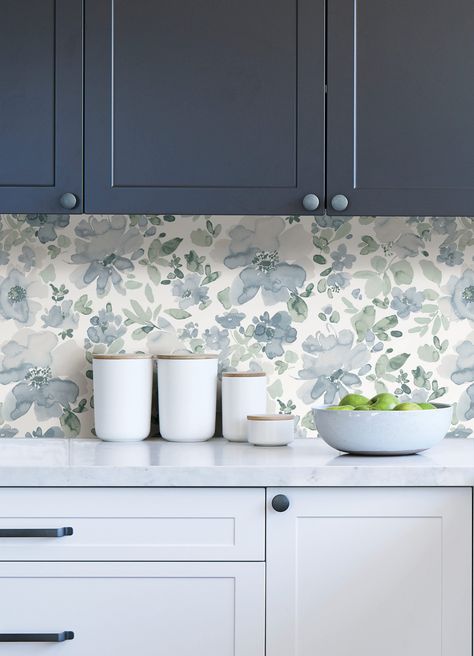 Powder Room Blue Wallpaper, Floral Wallpaper Backsplash Kitchen, Blue Wallpaper In Kitchen, How To Wallpaper A Bathroom, Peel And Stick Floral Wallpaper, Blue House Decor Ideas, Wallpaper Family Room, Floral Wallpaper Laundry Room, 1908 Kitchen