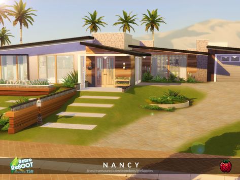 Sims4 Mid Century Modern, The Sims 4 Retro House, The Sims 4 Mid Century House, Mid Century Mansion Exterior, Sims 4 Mcm House, Sims 4 Midcentury, Sims 4 Mid Century House, Mid Century Sims 4, Sims 4 Retro House