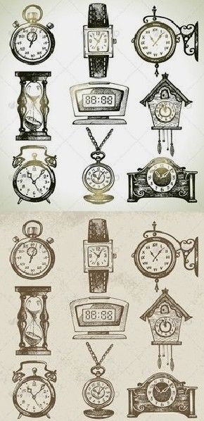 Vintage Clock Illustration, Jam Pasir, Clock Illustration, Clock Drawings, Clock Alarm, Etiquette Vintage, Watch Tattoos, Watch Set, Clock Tattoo