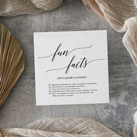 Elegant Black Calligraphy Fun Facts Wedding for $44.85 - Birthday Paper Napkins Fun Facts Napkins, Fun Facts Wedding Napkins, Fun Facts Wedding, Wedding Fun Facts, Fall Rehearsal Dinners, Rehearsal Dinner Napkins, Simple Wedding Reception, Birthday Party Drinks, Whimsical Typography