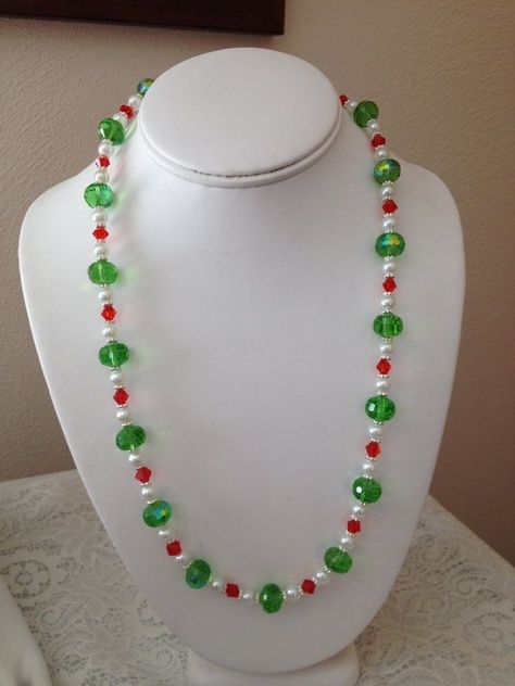 Christmas Necklaces | Christmas Necklace by karlajophoto on Etsy, $25.00 Christmas Bead Necklace, Christmas Necklaces, Leather Beaded Jewelry, Christmas Jewelry Diy, Christmas Necklace, Vintage Beads Necklace, Beaded Necklace Diy, Christmas Bead, Work Jewelry