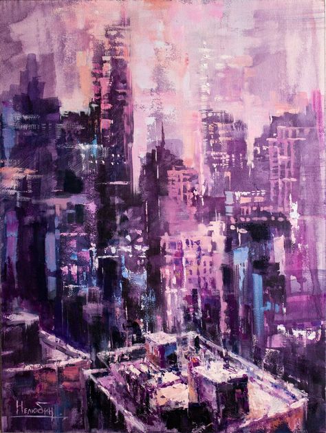 Bridget Riley Art, Foggy Landscape, Night Cityscape, Pink Lights, Nyc Night, Skyline Painting, Oil Abstract, Abstract City, Urban Modern