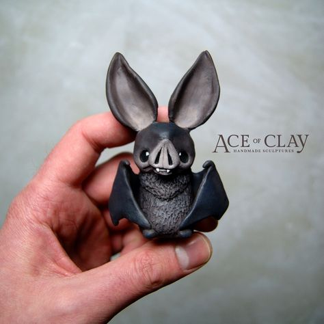 Bat by Ace of Clay Bat Sculpture Polymer Clay, Sculpting Clay Figures, Polymer Clay Bat Tutorial, Ace Of Clay, Eccentric Ceramics, Bat Clay Sculpture, Clay Gothic Crafts, Bat Biscuits, Halloween Clay Art