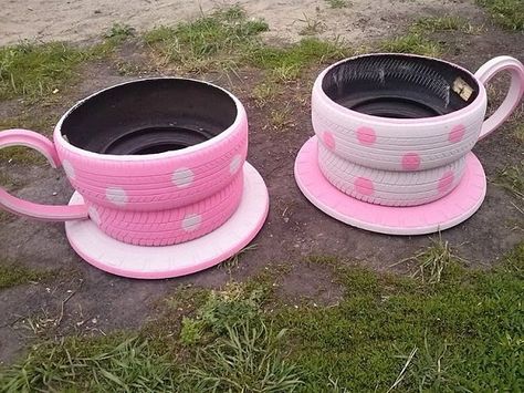 Giant coffee cups from repurposed tyres #CoffeeCups, #RepurposedTire, #TirePlanter Repurposed Tire, Tire Craft, Reuse Old Tires, Coffee Cups Diy, Tire Planters, Tyres Recycle, Children's Garden, Old Tires, Used Tires