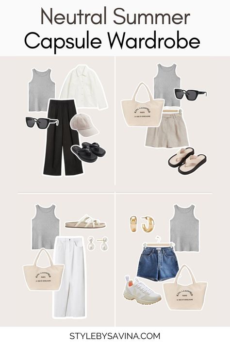 neutral summer capsule wardrobe Neutral Everyday Summer Shirt, Summer Vacation Capsule Wardrobe 2024, Beach Capsule Wardrobe 2024, Clean Girl Spring Capsule Wardrobe, Capsule Wardrobe Summer 2023/2024, Summer Holiday Capsule Wardrobe, Summer Essentials Clothes, Minimal Summer Outfits, Minimalist Summer Style