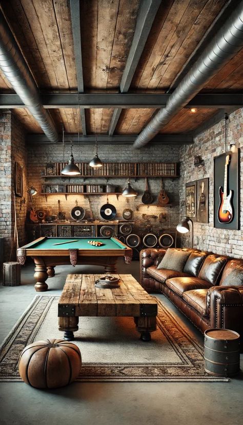 Interior Design Creative Ads, Interior Design Business Cards Ideas, Man Cave Decor Ideas, Hunting Room Design, Mounted Guitar, Cave Interior, Industrial Man Cave, Modern Man Cave, Rustic Man Cave