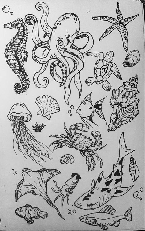 Ocean Tattoos Linework, Ocean Linework Tattoo, Ocean Tattoo Filler Ideas, Sea Tattoo Sleeve Women, Ocean Animals Tattoo Sleeve, Aquatic Animals Tattoo, Ocean Tattoo Filler, Ocean Themed Sketches, Ocean Patchwork Sleeve