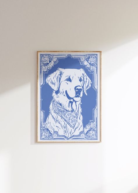 Blue Willow Golden Retriever Print Dog Drawing Dog Portrait Coastal Granddaughter Room Decor Light Delft Blue Wall Art Watercolor Painting - Etsy Bedroom Decor Prints, Light Blue Prints, Coastal Granddaughter Decor, Coastal Granddaughter Room, Golden Retriever Decor, Monochromatic Blue, Granddaughter Aesthetic, Blue And White Art, Apartment Dorm