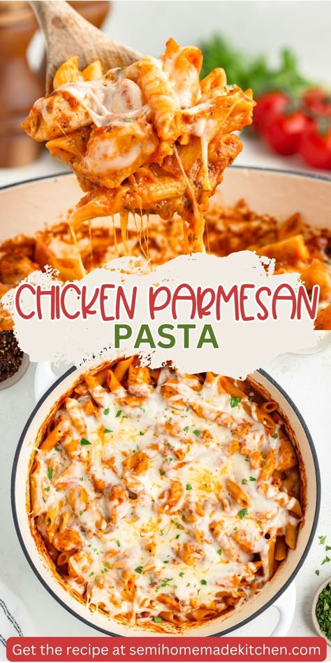 Need a quick and delicious weeknight meal? This Chicken Parmesan Pasta Skillet is your answer. Combining the best of chicken parmesan and pasta, this easy dinner recipe comes together in one pan for minimal cleanup. Enjoy a hearty meal with tender chicken, flavorful marinara, and melty cheese, all cooked together for a satisfying pasta skillet dinner that’s sure to become a family favorite. Chicken Parm Skillet, Shredded Chicken Marinara Recipes, Baked Chicken Parmesan Pasta, Chicken And Pasta Recipes Red Sauce, Instapot Chicken Parmesan Recipe, Simple But Good Dinner Recipes, Dinner Ideas With Marinara Sauce, Chicken Valentines Day Dinner, Chicken Parmesan Pasta Recipe Easy