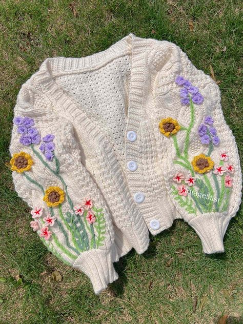 Hand Knitted Sweater Cardigan | VintageMist Embroidery On Cardigan, Embroidery On Knitted Sweater, Embroidered Knit Sweater, Flower Cardigan Crochet, Winter Crochet Ideas, Sunflower And Lavender, Floral Crochet Sweater, Winter Crochet Hat, Jaket Crochet